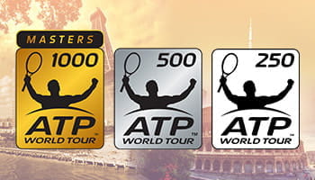 Il logo dei Masters 1000, ATP 500 e ATP 250 con alcuni simboli delle città in cui si svolgono i tornei sullo sfondo