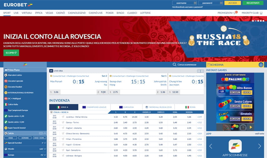 La home page del sito di Eurobet