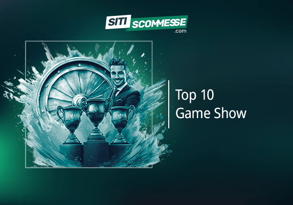 Il logo di sitiscommesse.com, la scritta TOP 10 Game Show, l'immagine di un podio con trofei, un croupier e una roulette