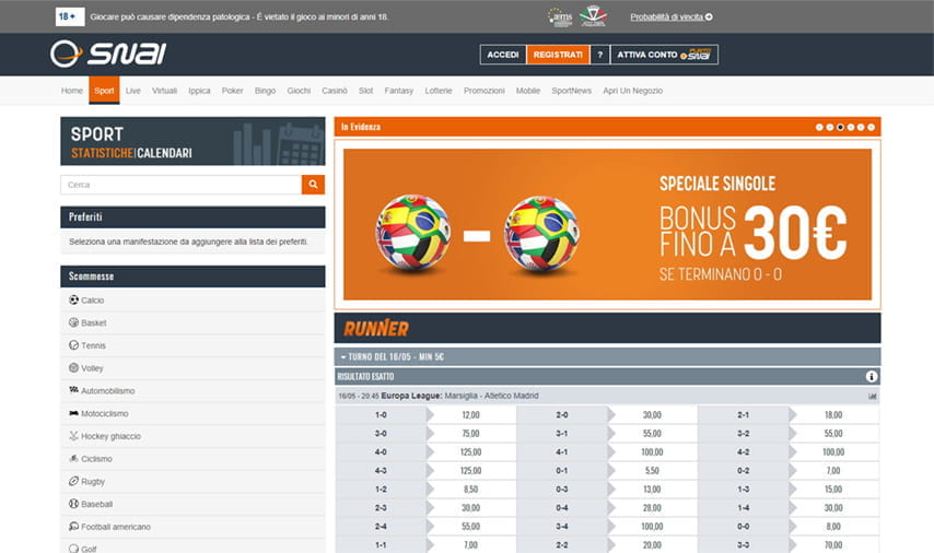 La home page del sito di SNAI