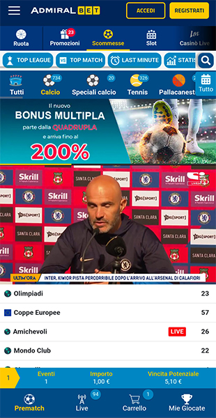 Home page sport app AdmiralBet