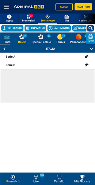 Scelta campionati sull'app AdmiralBet