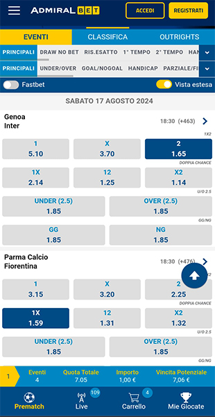 Quote selezionate sull'app AdmiralBet