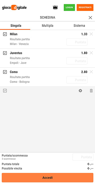 apertura schedina da app