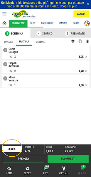 Inserimento importo nella schedina dell'app Lottomatica