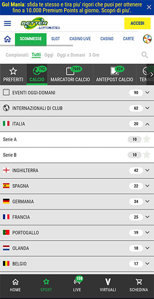 Selezione sport e torneo dall'app Lottomatica