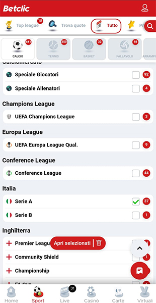 Elenco tornei di calcio dall'app Betclic