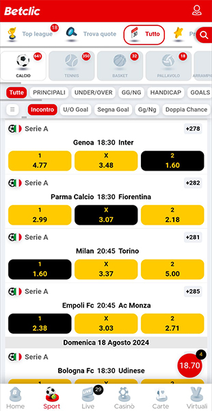 Quote selezionate sull'app Betclic