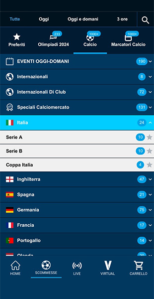 Selezione sport e campionato dall'app BetFlag