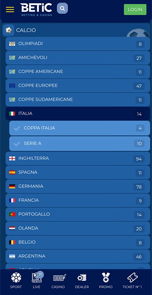 Selezione campionato dall'app Betic