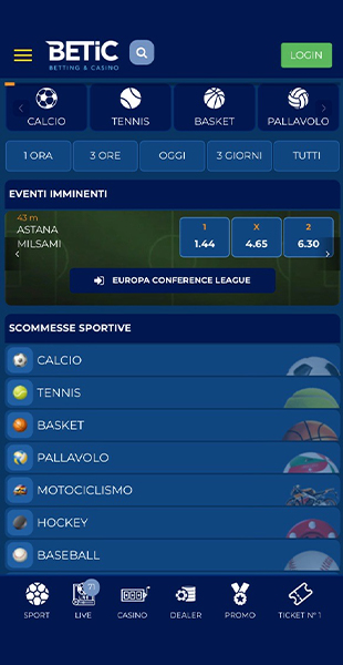 Palinsesto sport app Betic