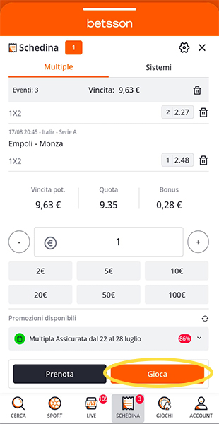 Giocata confermata sull'app Betsson