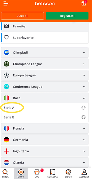 Selezione campionato dall'app Betsson