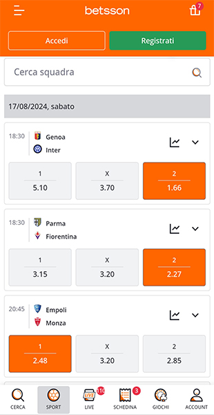 Quote selezionate sull'app Betsson