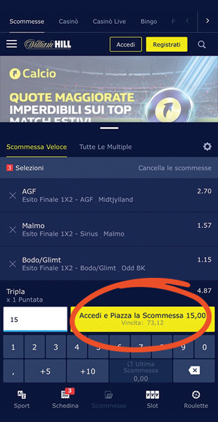 Conferma giocata app william Hill