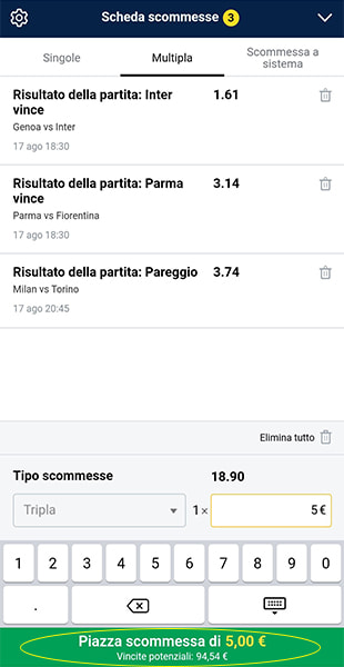 Conferma schedina dall'app Marathonbet