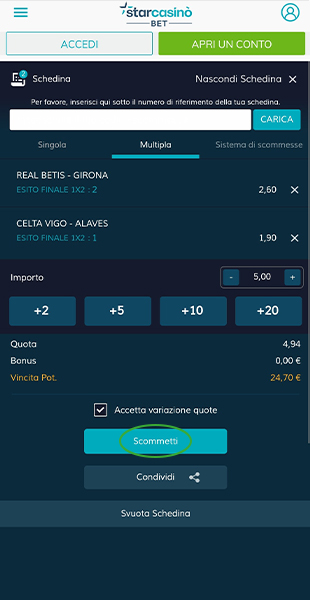 Conferma schedina da app StarCasinò