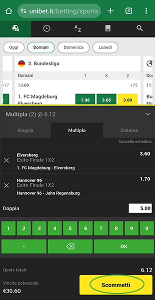 Conferma schedina da app Unibet