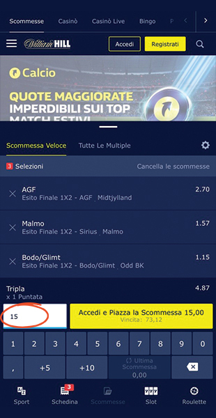 Inserimento importo William Hill app