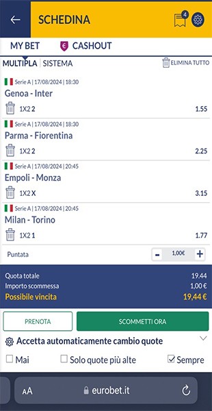 Schedina dall'app Eurobet