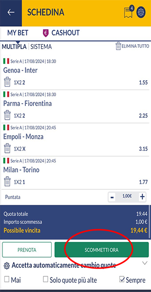 Conferma giocata dall'app Eurobet