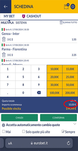 Inserimento importo schedina dall'app Eurobet