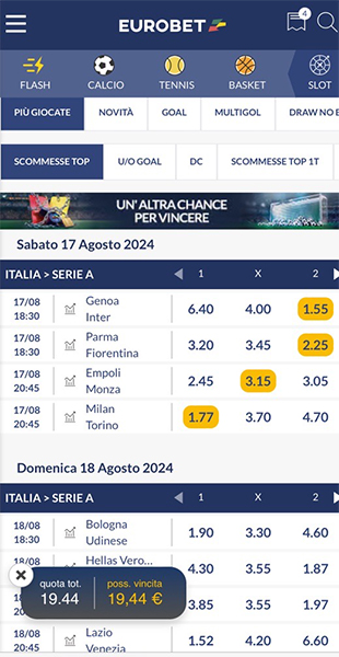 Selezione quote app Eurobet