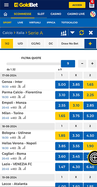 Selezione quote sull'app GoldBet