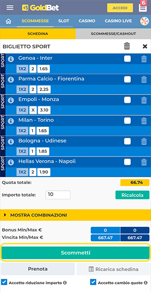 Conferma giocata dall'app GoldBet