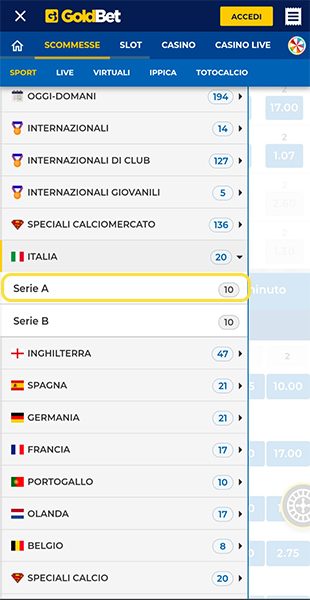 Selezione paese e torneo su GoldBet app