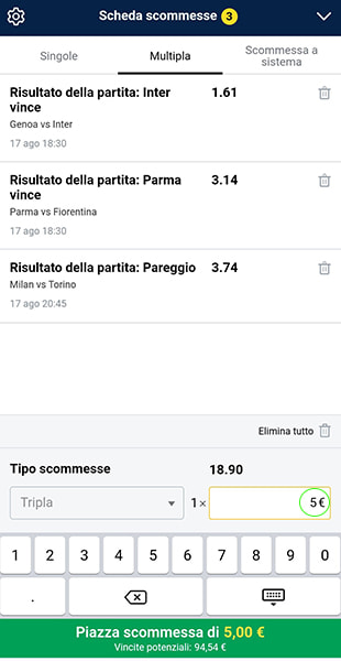 Inserimento importo schedina dall'app Marathonbet