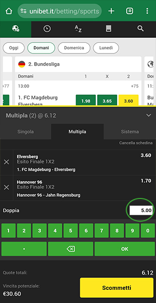 Cifra importo schedina da app Unibet