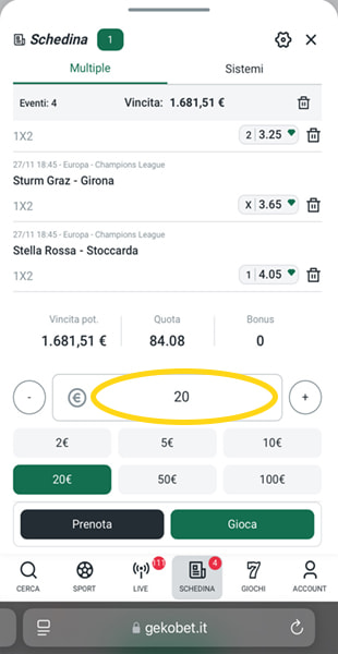 cifra importo schedina da app