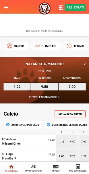 Scelta sport dall'app LeoVegas