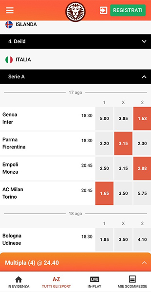 Selezione quote dall'app di LeoVegas