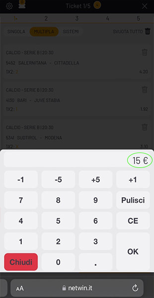 Inserimento importo scommesse app Netwin