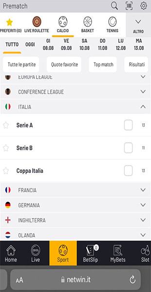 Selezione sport e campionato dall'app Netwin