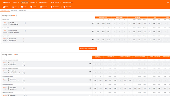 La pagina live di Betsson