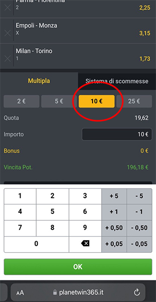 Importo da giocare sull'app Planetwin365