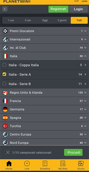 Selezione torneo dall'app Planetwin365