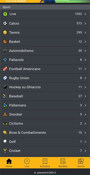 Palinsesto sport dall'app Planetwin365