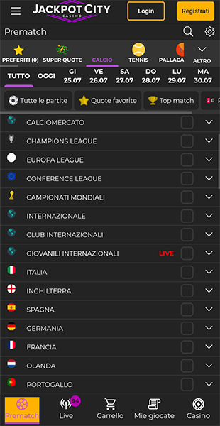 Selezione sport e torneo dall'app JackpotCity