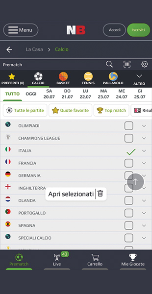 App NetBet scelta campionato