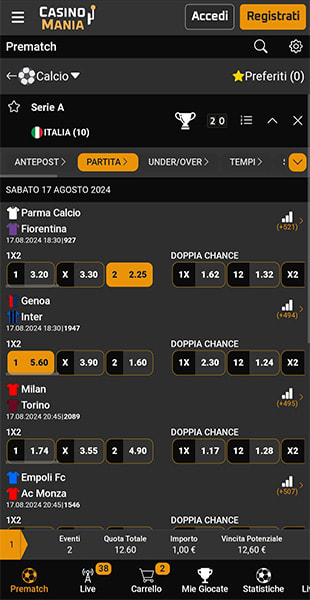 Selezione quote app CasinoMania