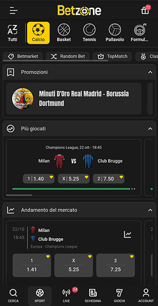 selezione sport app Betzone