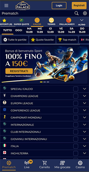 selezione sport app Spin Palace