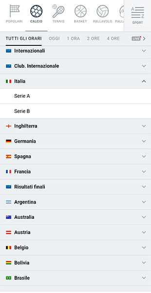 Selezione sport e campionato app Marathonbet