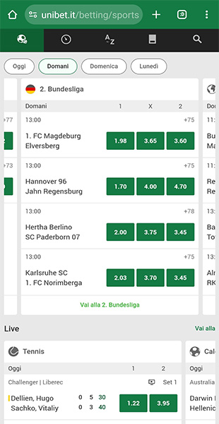 Sezione sport app Unibet