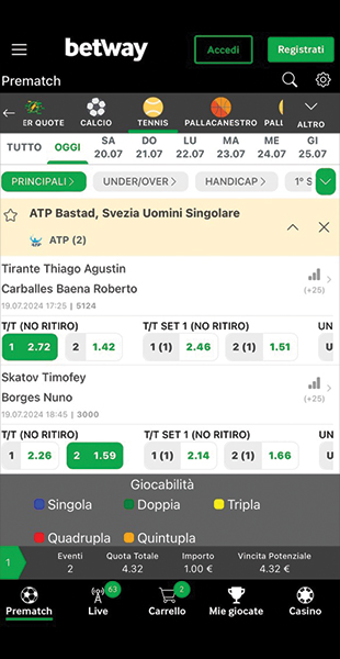 Selezione quote app Betway