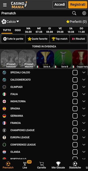 Elenco campionati dall'app CasinoMania